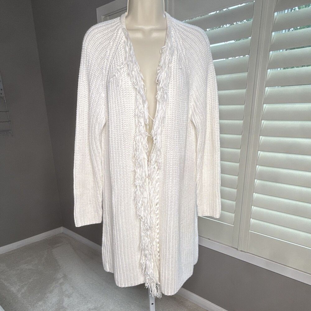Chico's Womens Fringe Front Emily Cardigan Sweater Ivory SZ LG